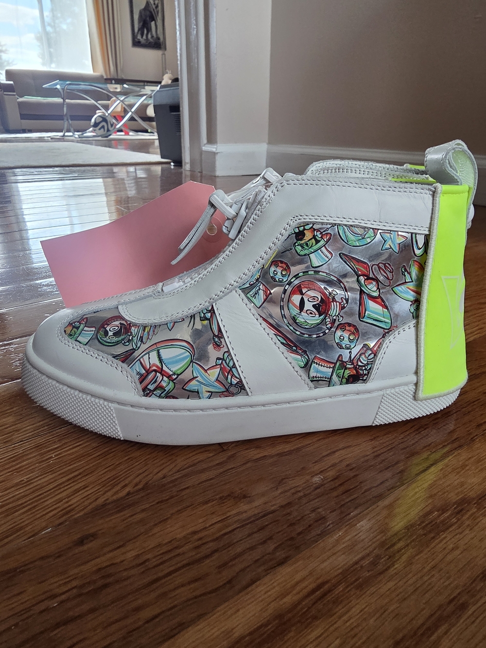 Kids White High-Top Sneakers with Neon Yellow Accent and Playful Print